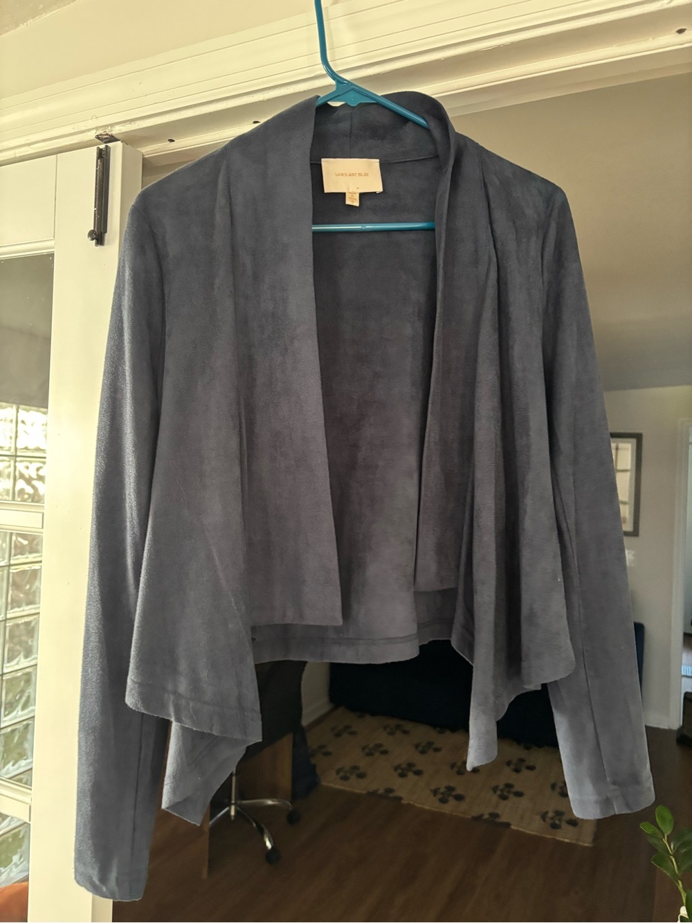 Skies Are Blue Open-Front Draped Suede Blazer in Slate